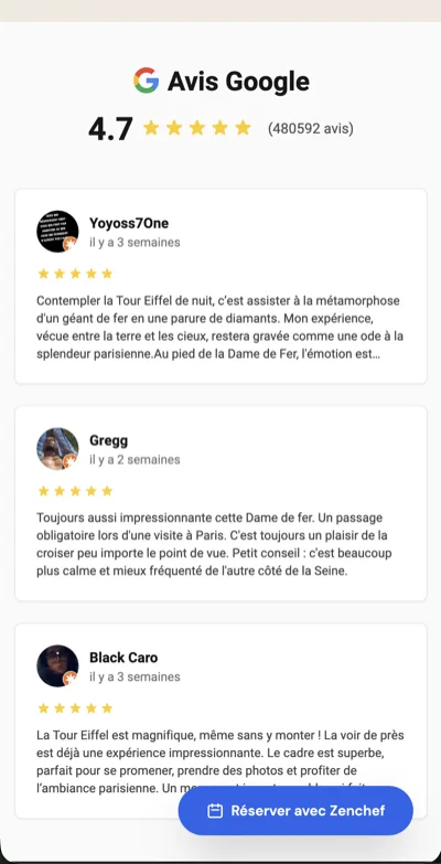Exemple d'avis Google sur mobile pour un restaurant